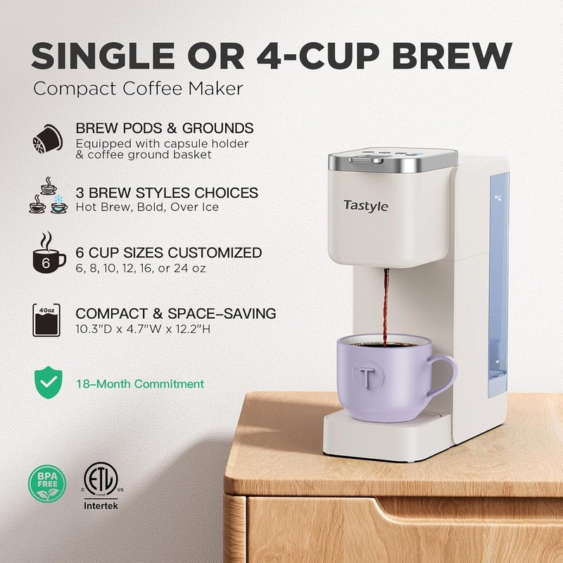 Tastyle Single Serve Coffee Maker, Iced and Hot Coffee Machine for K Cup & Grounds, Compact Design, 40oz Removable Water Reservoir, 6 to 24 Oz Brew Sizes, Fits 7.3" Travel Mug, Beige - Image 2